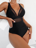 Emoswims - Women Plus Size One Piece Swimsuit V Neck Mesh Sheer Tummy Control Bathing Suit