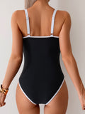 Emoswims - Womens Tummy Control Swimsuit Color Block One Piece Bathing Suits Slimming Double Straps Swimwear High Cut Swim Suit