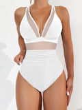 Emoswims - Women Plus Size One Piece Swimsuit V Neck Mesh Sheer Tummy Control Bathing Suit