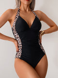 Emoswims - Women One Piece Swimsuit Leopard Splicing Halter V Neck Sexy Tummy Control Push Up Swimwear Back Tie Bathing Suit