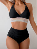 Emoswims - Two Piece High Waisted Bikini Sets Tummy Control Color Block Suspender Swimwear