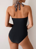 Emoswims - Women One Piece Swimsuit Leopard Splicing Halter V Neck Sexy Tummy Control Push Up Swimwear Back Tie Bathing Suit
