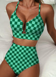 Emoswim - 2026 Summer Two Piece Bikini Set U-Wire Cutout High Waisted Swimsuit-Green Checkered