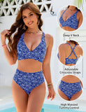 Emoswim - Women Embroidery Print High Waisted Bikini Sets V Neck Tummy Control Bathing Suit Two Piece Curvy Swimsuits