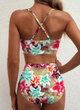 Emoswim - 2026 Summer Two Piece Bikini Set U-Wire Cutout High Waisted Swimsuit-Green Pink Lily