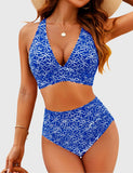 Emoswim - Women Embroidery Print High Waisted Bikini Sets V Neck Tummy Control Bathing Suit Two Piece Curvy Swimsuits