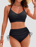 Emoswims - Womens High Waisted Bikini Sets Drawstring Tummy Control Swimsuits Crisscross Tie Back Bathing Suit