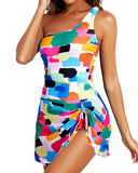 Emoswims - Women One Piece Swim Dress One Shoulder Swimsuit with Skirt