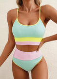 Emoswims - Women 2 Piece Bikini Set High Waisted Color Block Swimsuit Beach Scrunch Ribbed Bathing Suit