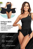 Emoswim - One Shoulder One Piece Swim Dress for Women Tummy Control Swimsuit with Skirt-Black