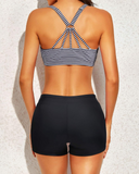 Emoswim - Women's 3 Piece Scoop Neck Criss Cross Tankini Swimsuits-Army Green Stripes