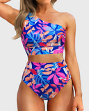 Emoswim - One Shoulder High Waisted Bikini Sets Two Piece Swimsuit Tummy Control-Colorful Leaves