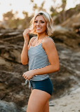 Emoswims - Tie Front Blouson Tankini Set In Seaside Stripe