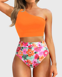 Emoswim - One Shoulder High Waisted Bikini Sets Two Piece Swimsuit Tummy Control-Orange Floral
