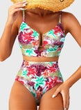 Emoswim - 2026 Summer Two Piece Bikini Set U-Wire Cutout High Waisted Swimsuit-Green Pink Lily