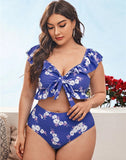 Emoswims-Blue Small Broken Flowers V-Neck High Waist Tie Bikini Set