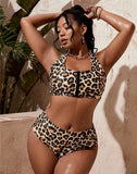Emoswims-Leopard Print Sports Vest Square Neckline Zip Bikini Set