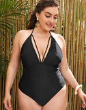 Emoswims-Black V-Neck Halter One Piece Swimsuit