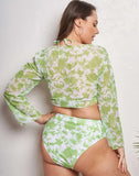 Emoswims-Green Halter Long Sleeve Tulle Bikini Set