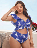 Emoswims-Blue Small Broken Flowers V-Neck High Waist Tie Bikini Set