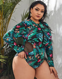 EMOSWIM - Palm Leaves Color High Neckline Long Sleeve Zipper One Piece Swimsuit
