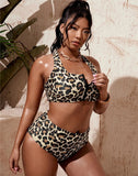 Emoswims-Leopard Print Sports Vest Square Neckline Zip Bikini Set