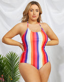 Emoswims-Multi-Stripe Round Neckline One Piece Swimsuit