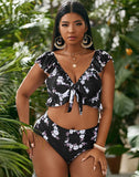 Emoswims-Black Small Broken Flowers V-Neck High-Waist Lace-Up Bikini Set