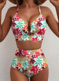 Emoswim - 2026 Summer Two Piece Bikini Set U-Wire Cutout High Waisted Swimsuit-Green Pink Lily
