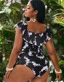 Emoswims-Black Small Broken Flowers V-Neck High-Waist Lace-Up Bikini Set