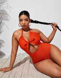 Emoswims-Deep Orange V-Neck Halterneck Lace One Piece Swimsuit