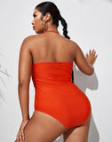 Emoswims-Deep Orange V-Neck Halterneck Lace One Piece Swimsuit
