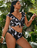 Emoswims-Black Small Broken Flowers V-Neck High-Waist Lace-Up Bikini Set