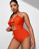 Emoswims-Deep Orange V-Neck Halterneck Lace One Piece Swimsuit