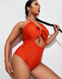 Emoswims-Deep Orange V-Neck Halterneck Lace One Piece Swimsuit