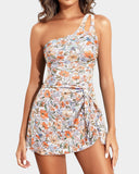 Emoswims - One Shoulder One Piece Swim Dress for Women Tummy Control Swimsuit with Skirt-Orange Floral