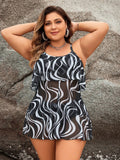 Wave Printed Ruffled Two-Piece Tankini Skirt Set