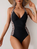 Emoswims - Women One Piece Swimsuit Leopard Splicing Halter V Neck Sexy Tummy Control Push Up Swimwear Back Tie Bathing Suit