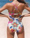 Emoswims - Beach Floral Colorblock Print Low-cut Slim One Piece Tummy control Swimsuit