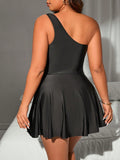 One Shoulder Contrast Mesh Insert Bodycon Two-Piece Tankini Skirt Set