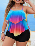Rainbow Flower Print Flounce Two-Piece Tankini With Swim Short