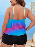 Rainbow Flower Print Flounce Two-Piece Tankini With Swim Short
