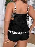 Black Jacquard Splicing Hollow Two-Piece Tankini With Swim Short
