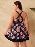 Floral Print Crisscross Back Two-Piece Tankini Skirt Set