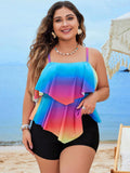 Rainbow Flower Print Flounce Two-Piece Tankini With Swim Short