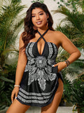 Plants Printed Crisscross Halter Two-Piece Tankini Skirt