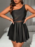 One Shoulder Contrast Mesh Insert Bodycon Two-Piece Tankini Skirt Set