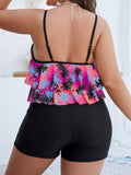 Tropical Print Hanky Hem Bikini Swimsuit Two-Piece Tankini With Swim Short