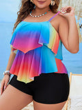 Rainbow Flower Print Flounce Two-Piece Tankini With Swim Short