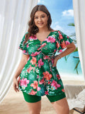 Tropical Print Flare Sleeve Two-Piece Tankini Skirt With Swim Short